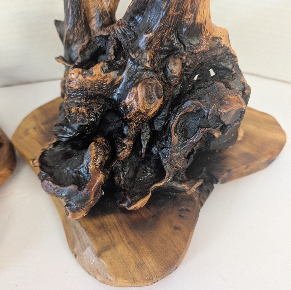Vintage Candle Holder Wood Rustic Large Set Made Out of Burl-Wood - Picture 9 of 10